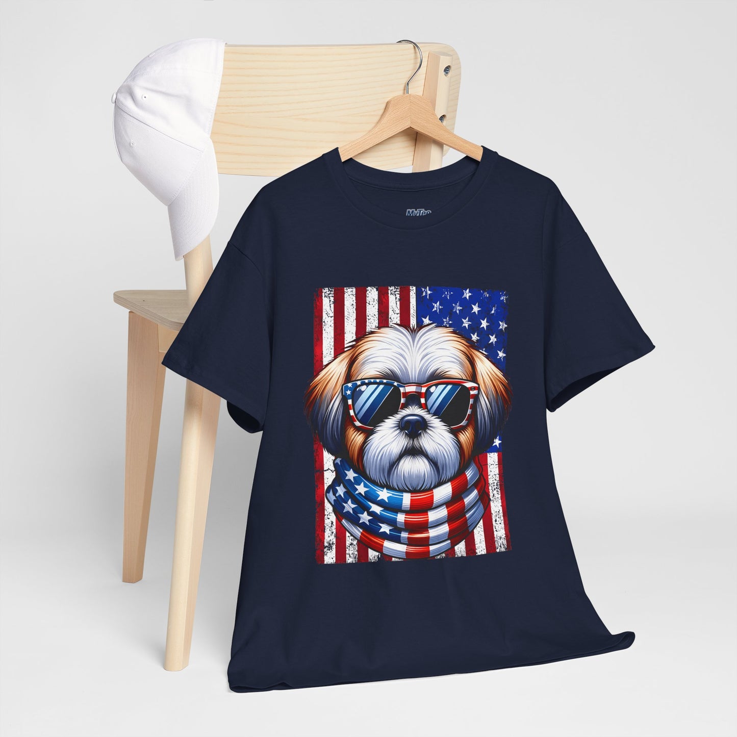 Patriotic Shih Tzu Wearing American Flag and Sunglasses Unisex T-shirt