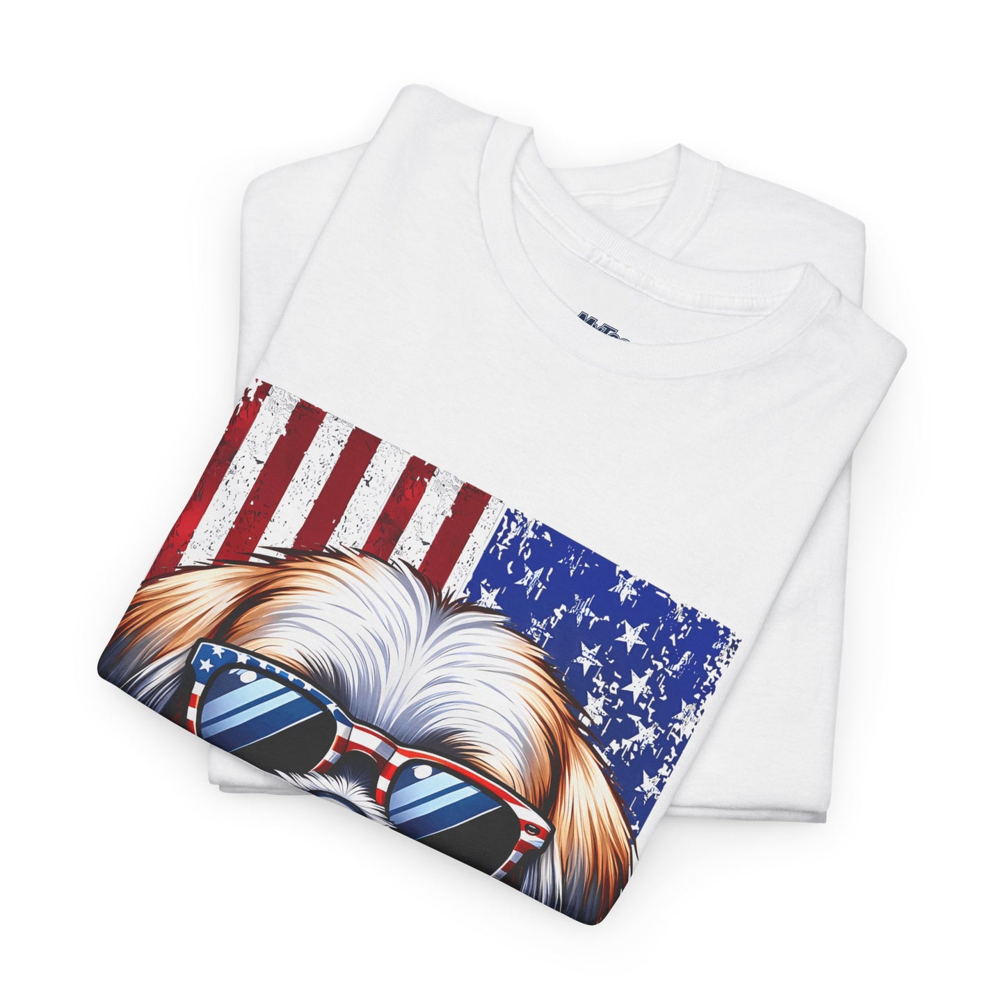 Patriotic Shih Tzu Wearing American Flag and Sunglasses Unisex T-shirt