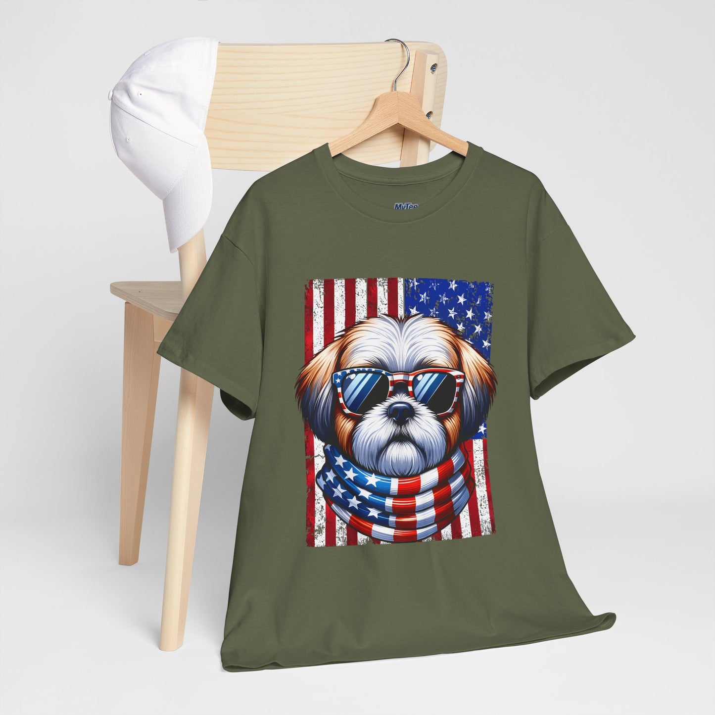 Patriotic Shih Tzu Wearing American Flag and Sunglasses Unisex T-shirt