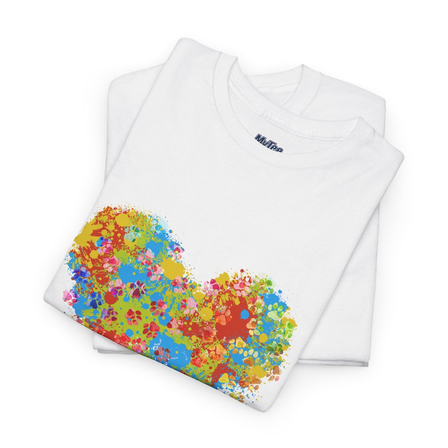 Colorful Paw Print Heart Cotton T-Shirt - Perfect for Dog Lovers