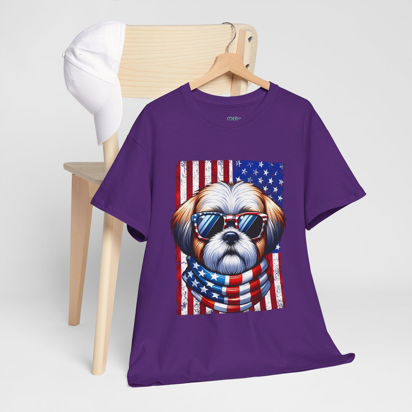 Patriotic Shih Tzu Wearing American Flag and Sunglasses Unisex T-shirt