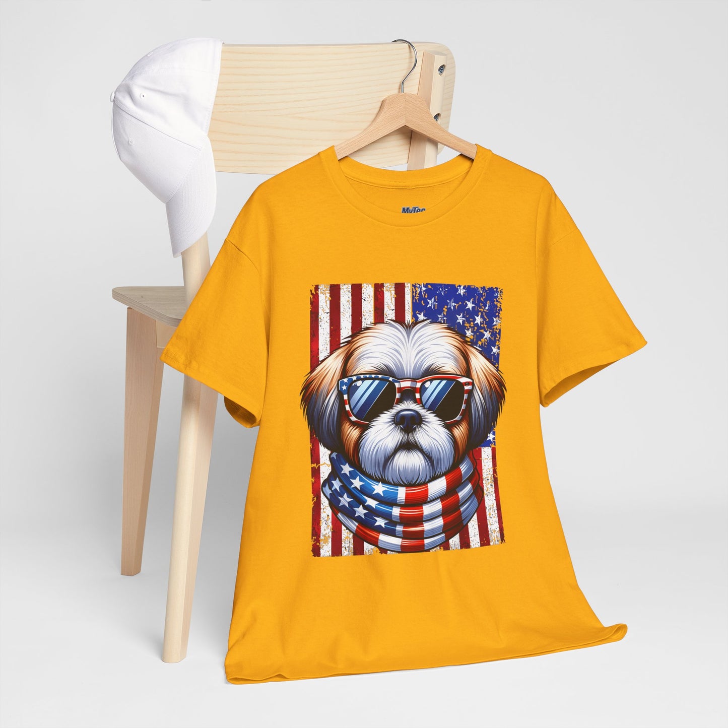 Patriotic Shih Tzu Wearing American Flag and Sunglasses Unisex T-shirt
