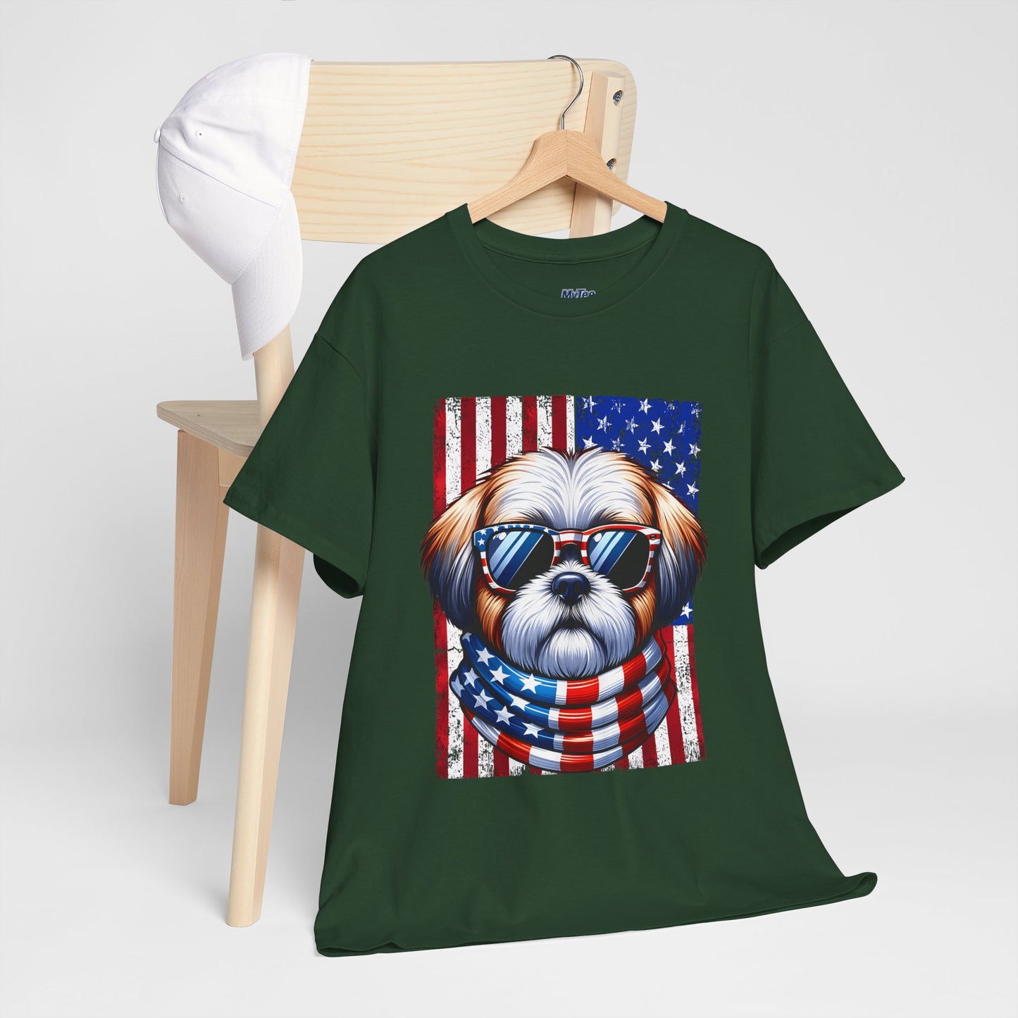 Patriotic Shih Tzu Wearing American Flag and Sunglasses Unisex T-shirt