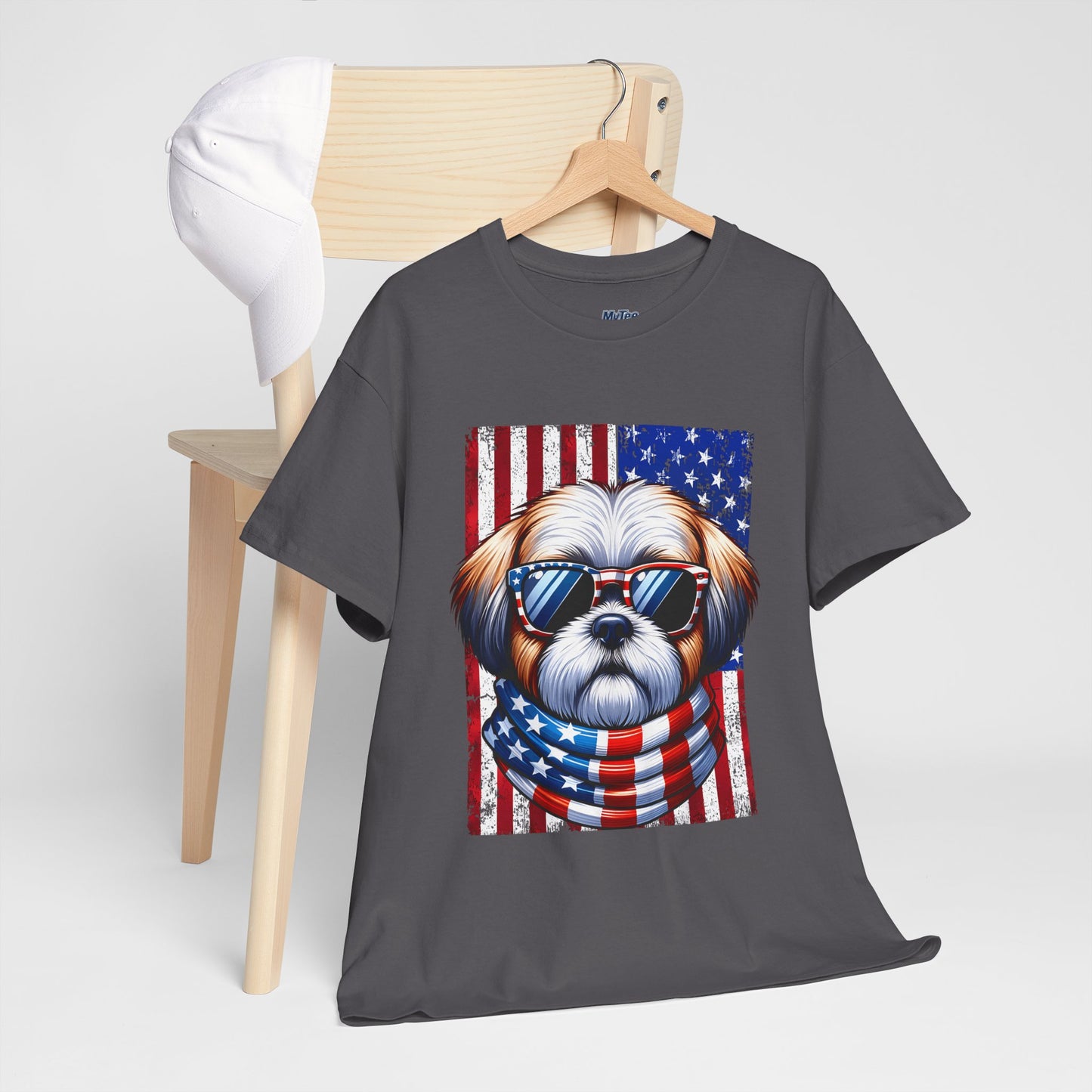 Patriotic Shih Tzu Wearing American Flag and Sunglasses Unisex T-shirt