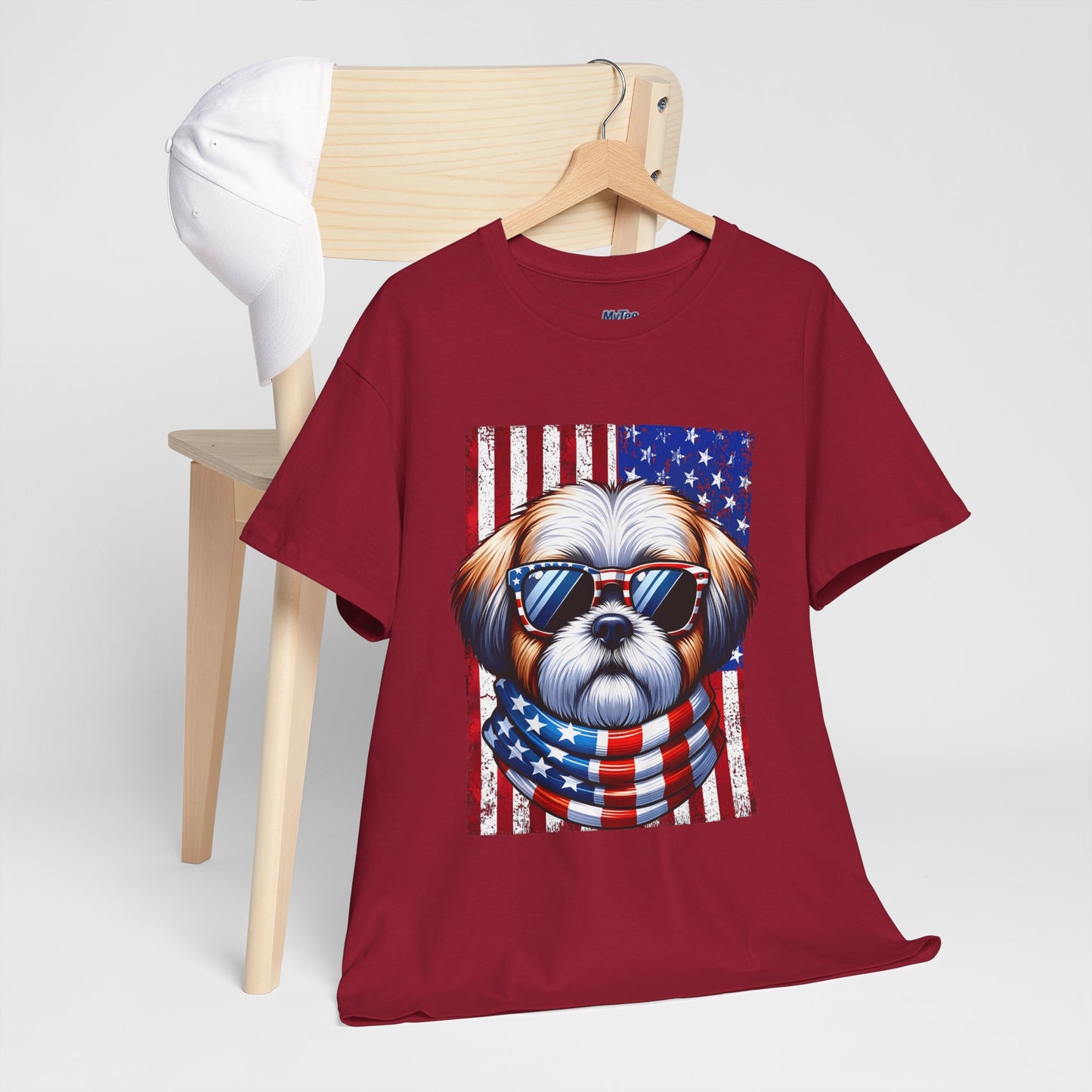 Patriotic Shih Tzu Wearing American Flag and Sunglasses Unisex T-shirt