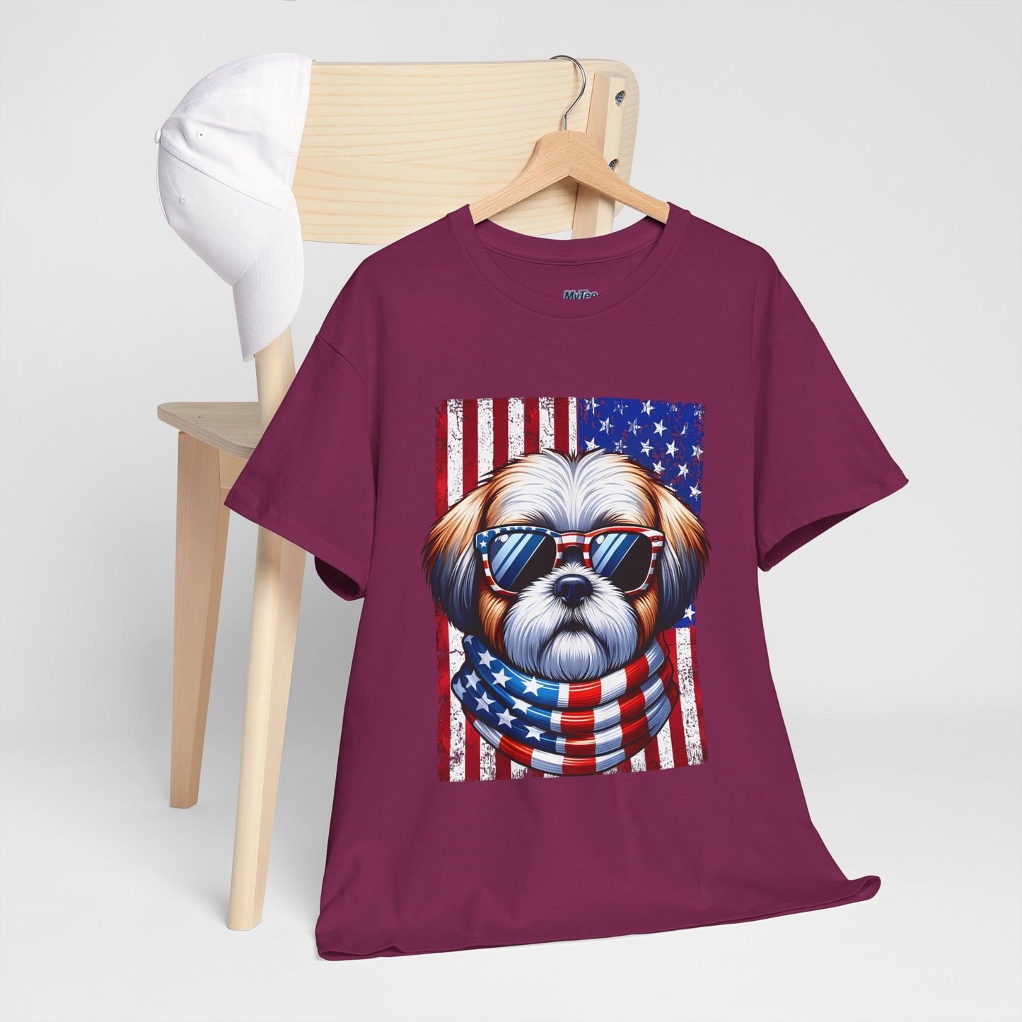 Patriotic Shih Tzu Wearing American Flag and Sunglasses Unisex T-shirt