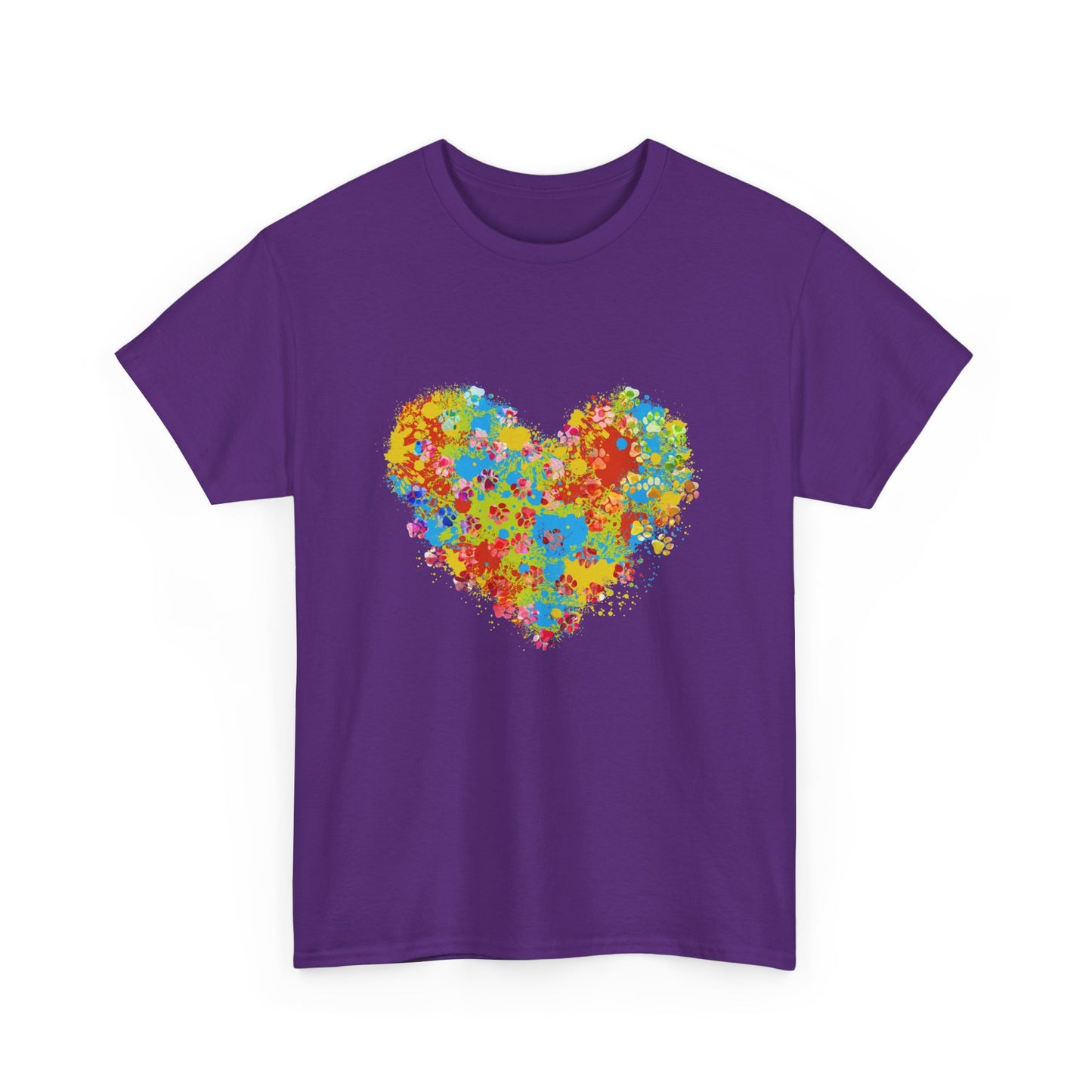 Colorful Paw Print Heart Cotton T-Shirt - Perfect for Dog Lovers