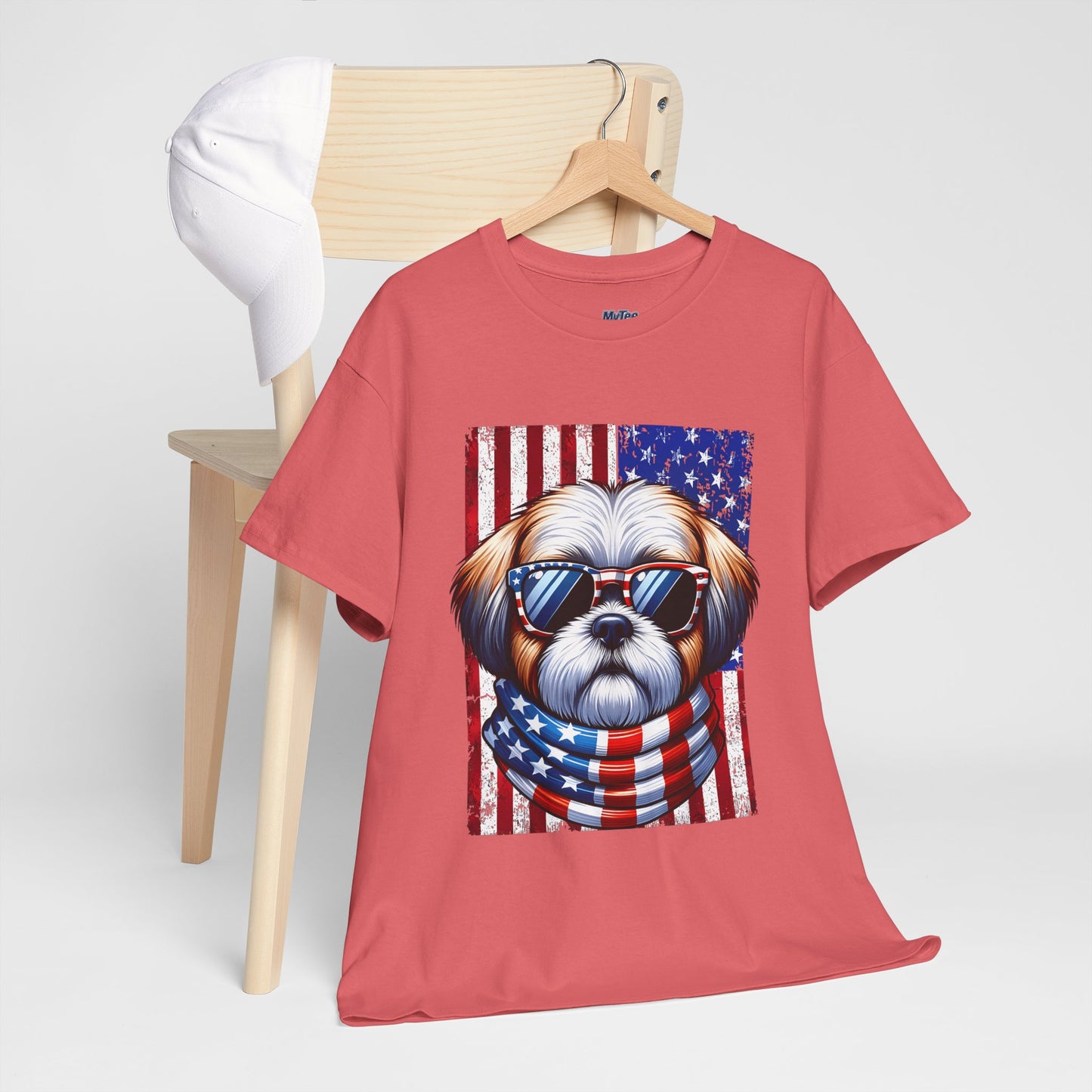 Patriotic Shih Tzu Wearing American Flag and Sunglasses Unisex T-shirt