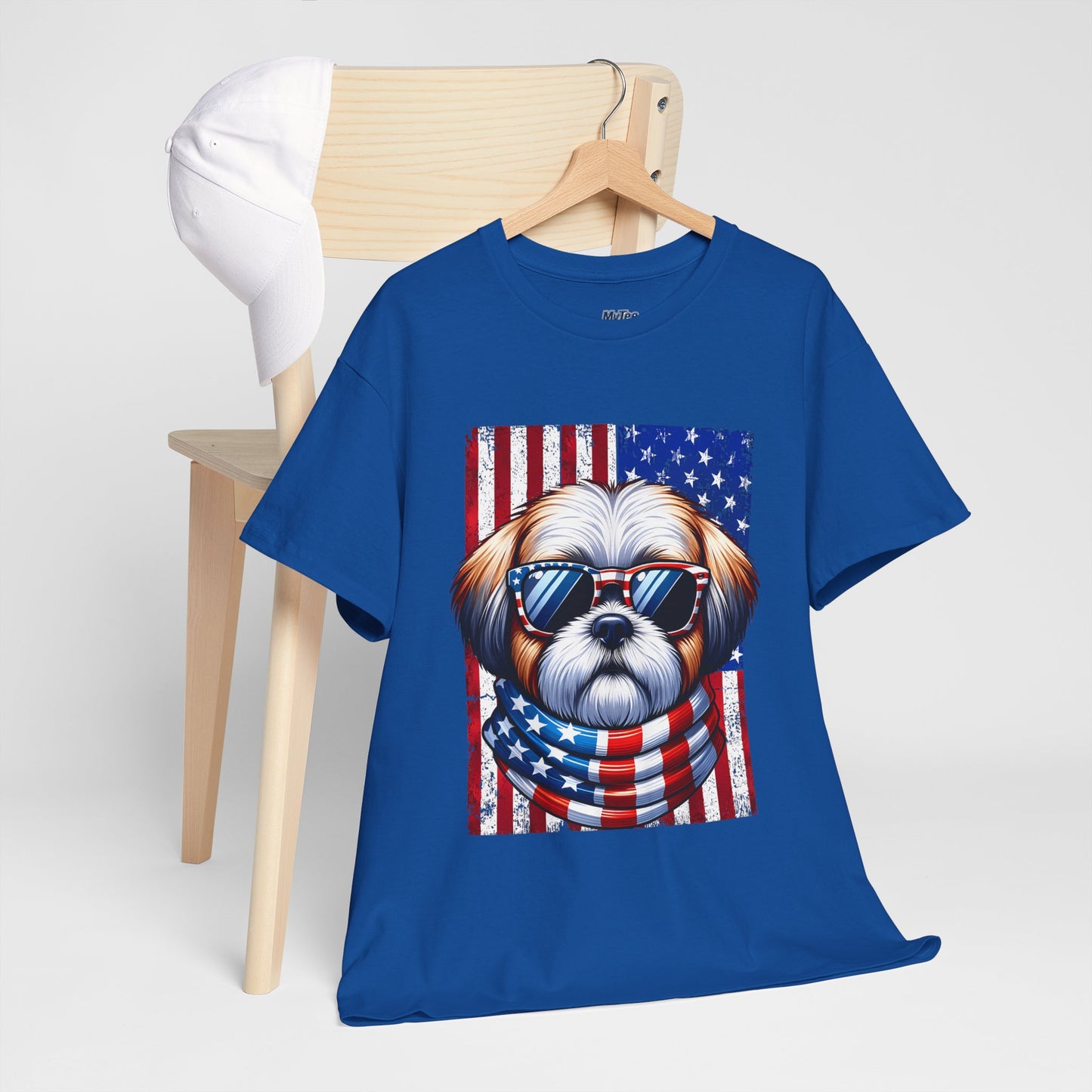 Patriotic Shih Tzu Wearing American Flag and Sunglasses Unisex T-shirt