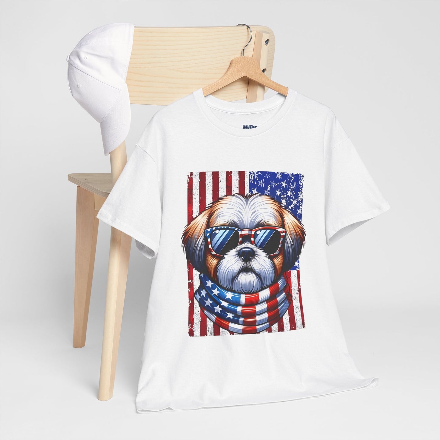 Patriotic Shih Tzu Wearing American Flag and Sunglasses Unisex T-shirt