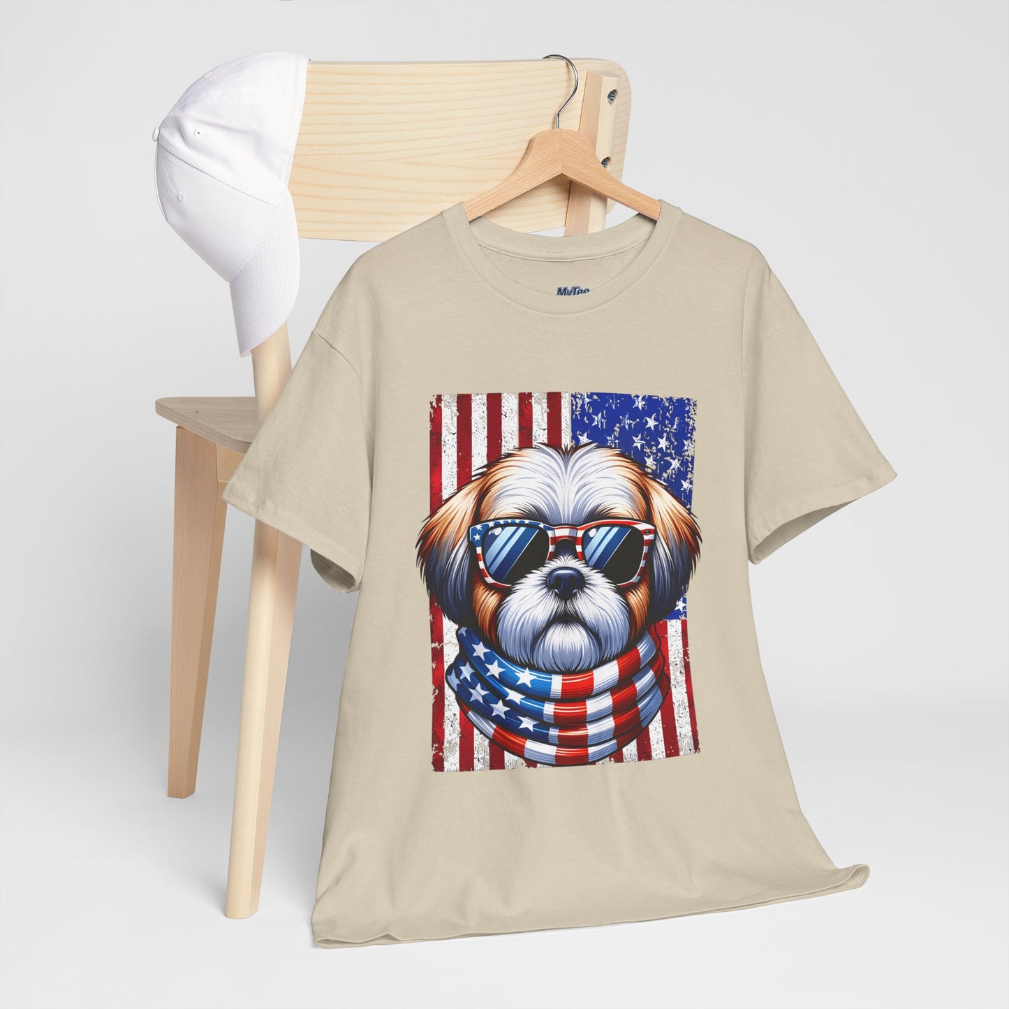 Patriotic Shih Tzu Wearing American Flag and Sunglasses Unisex T-shirt