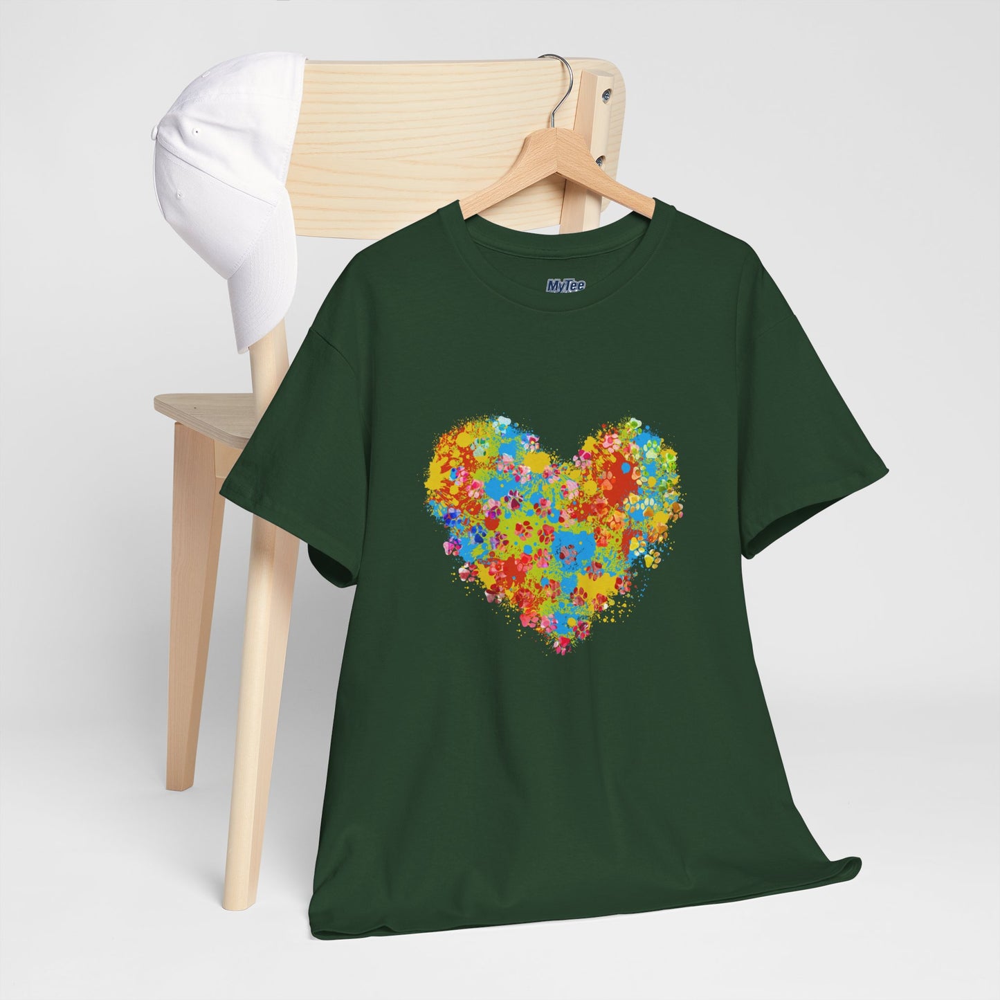 Colorful Paw Print Heart Cotton T-Shirt - Perfect for Dog Lovers