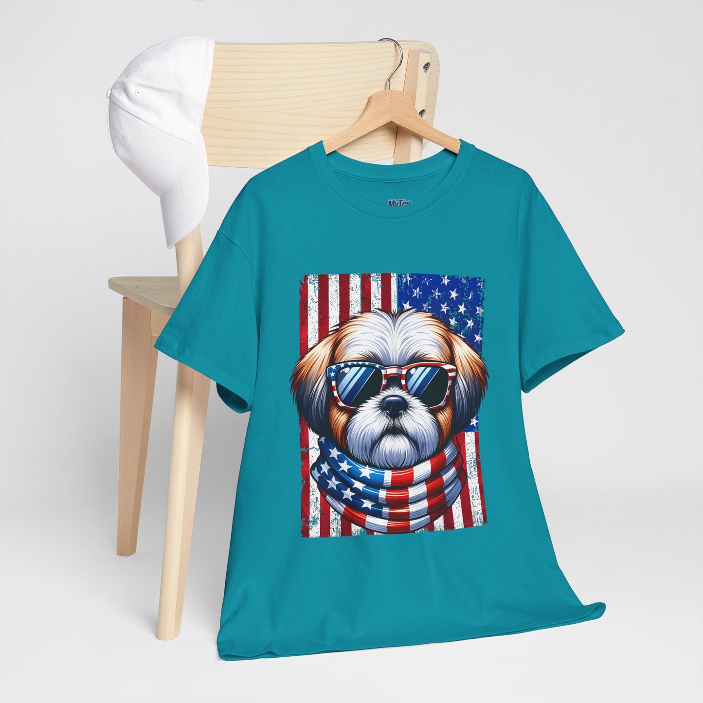 Patriotic Shih Tzu Wearing American Flag and Sunglasses Unisex T-shirt