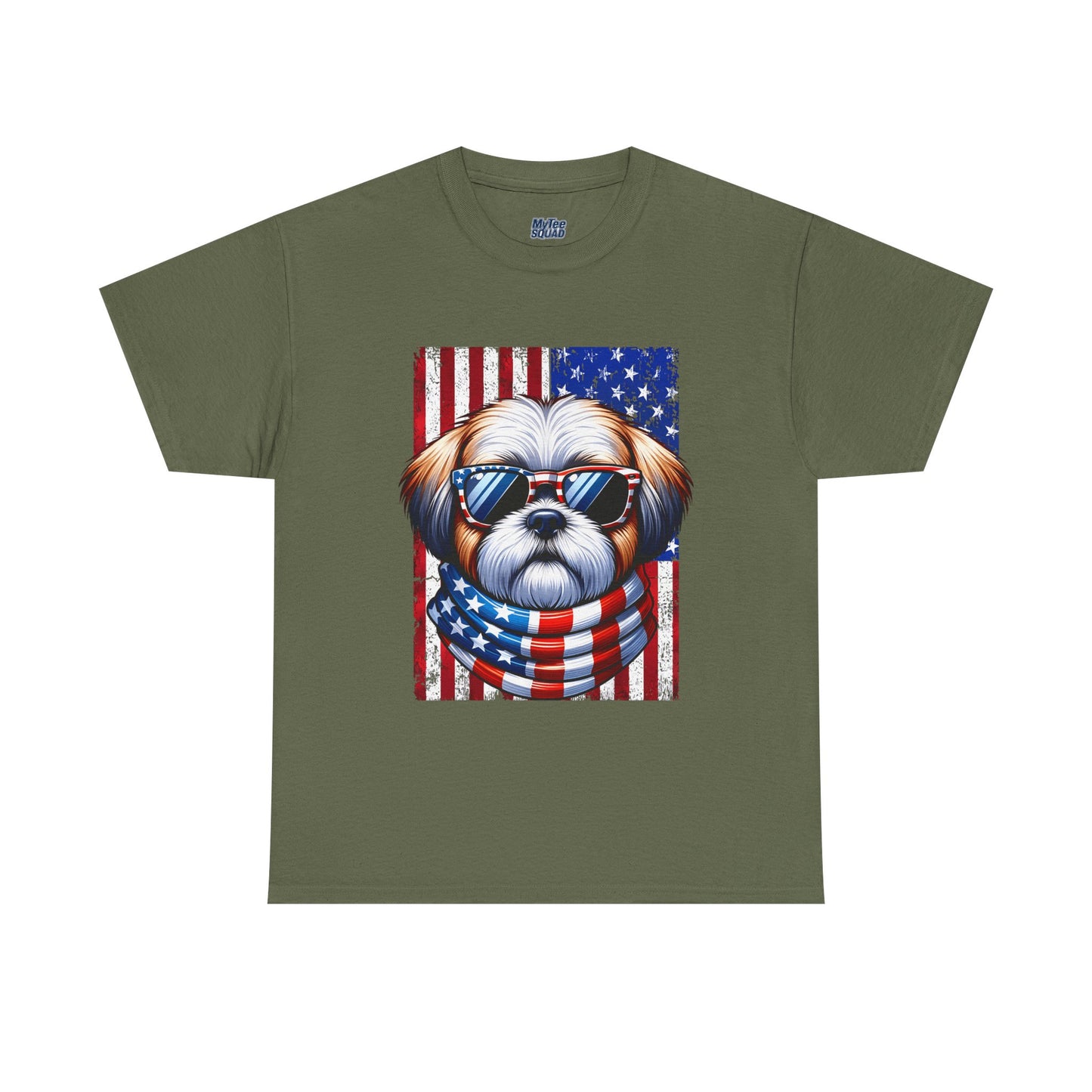 Patriotic Shih Tzu Wearing American Flag and Sunglasses Unisex T-shirt