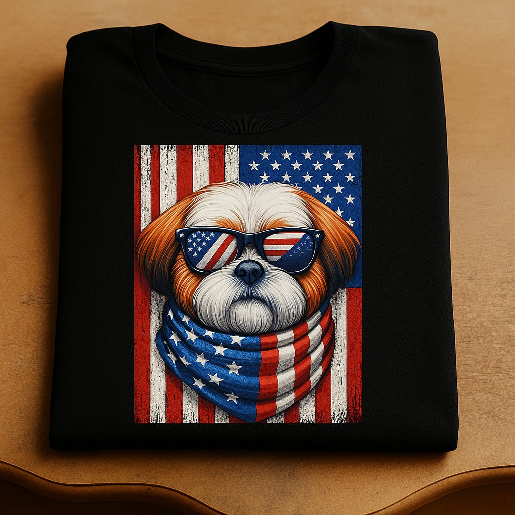 Patriotic Shih Tzu Wearing American Flag and Sunglasses Unisex T-shirt