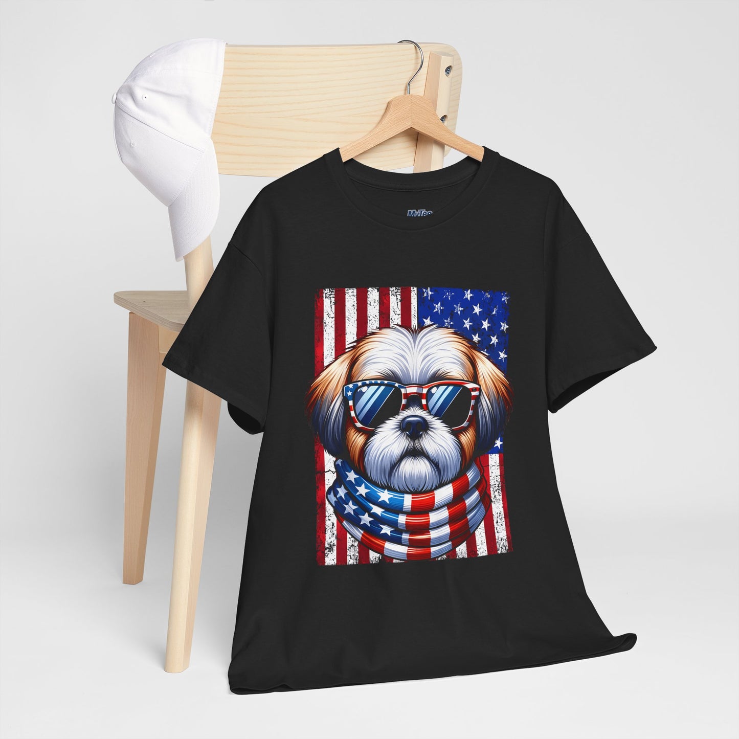Patriotic Shih Tzu Wearing American Flag and Sunglasses Unisex T-shirt