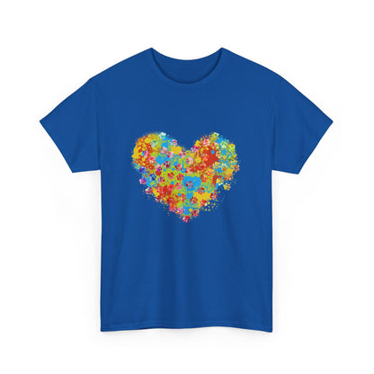 Colorful Paw Print Heart Cotton T-Shirt - Perfect for Dog Lovers