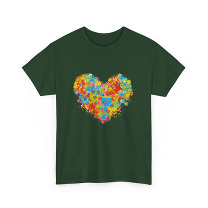 Colorful Paw Print Heart Cotton T-Shirt - Perfect for Dog Lovers