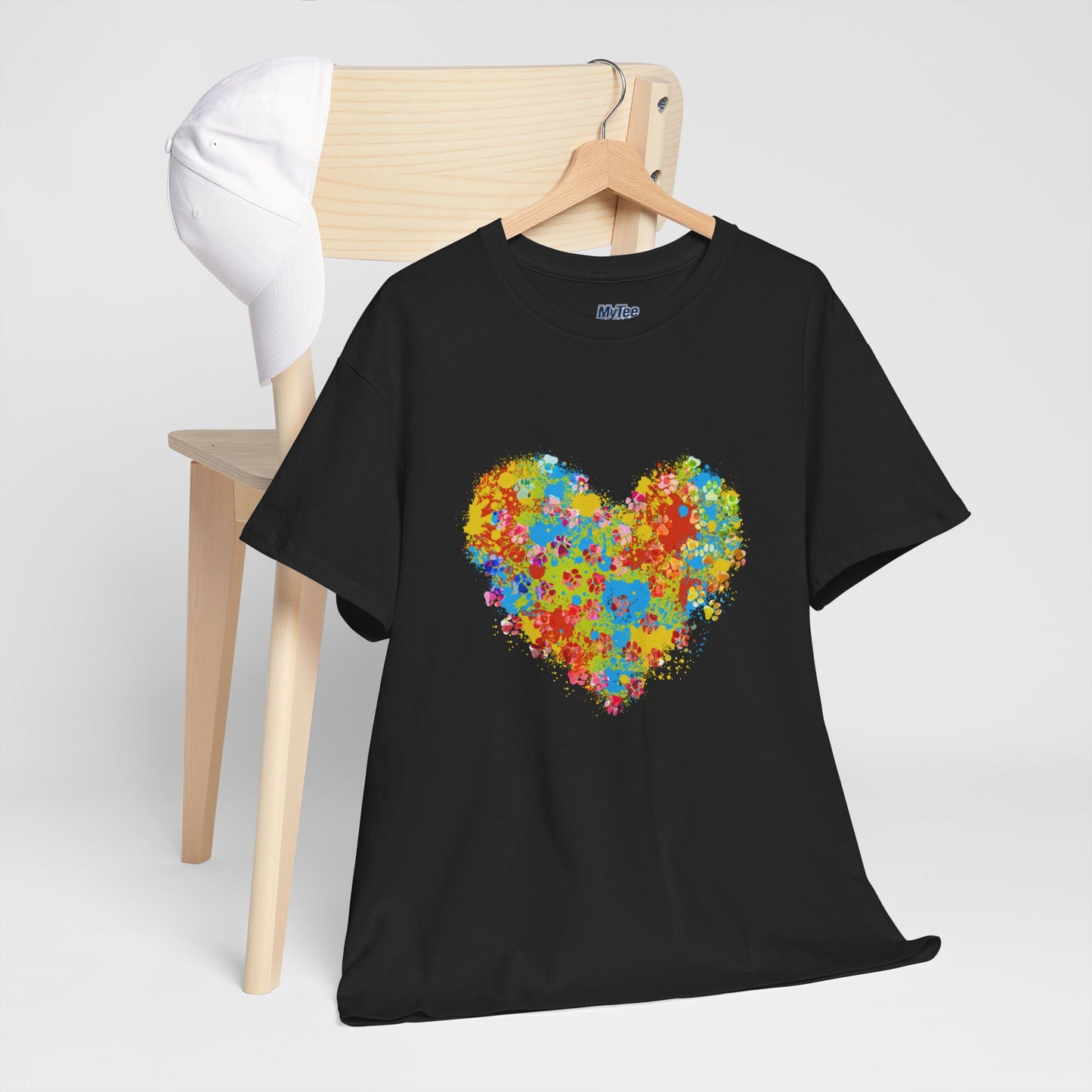 Colorful Paw Print Heart Cotton T-Shirt - Perfect for Dog Lovers