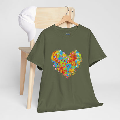 Colorful Paw Print Heart Cotton T-Shirt - Perfect for Dog Lovers