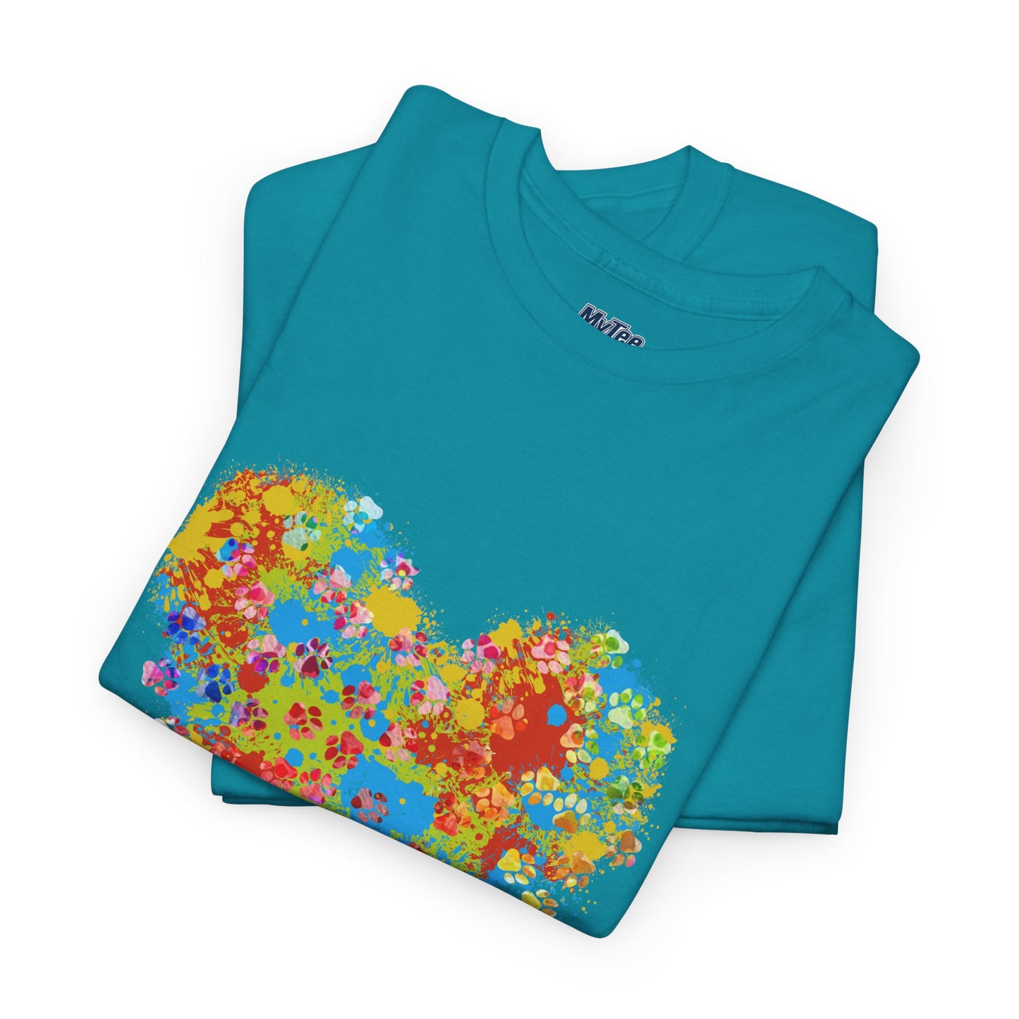 Colorful Paw Print Heart Cotton T-Shirt - Perfect for Dog Lovers