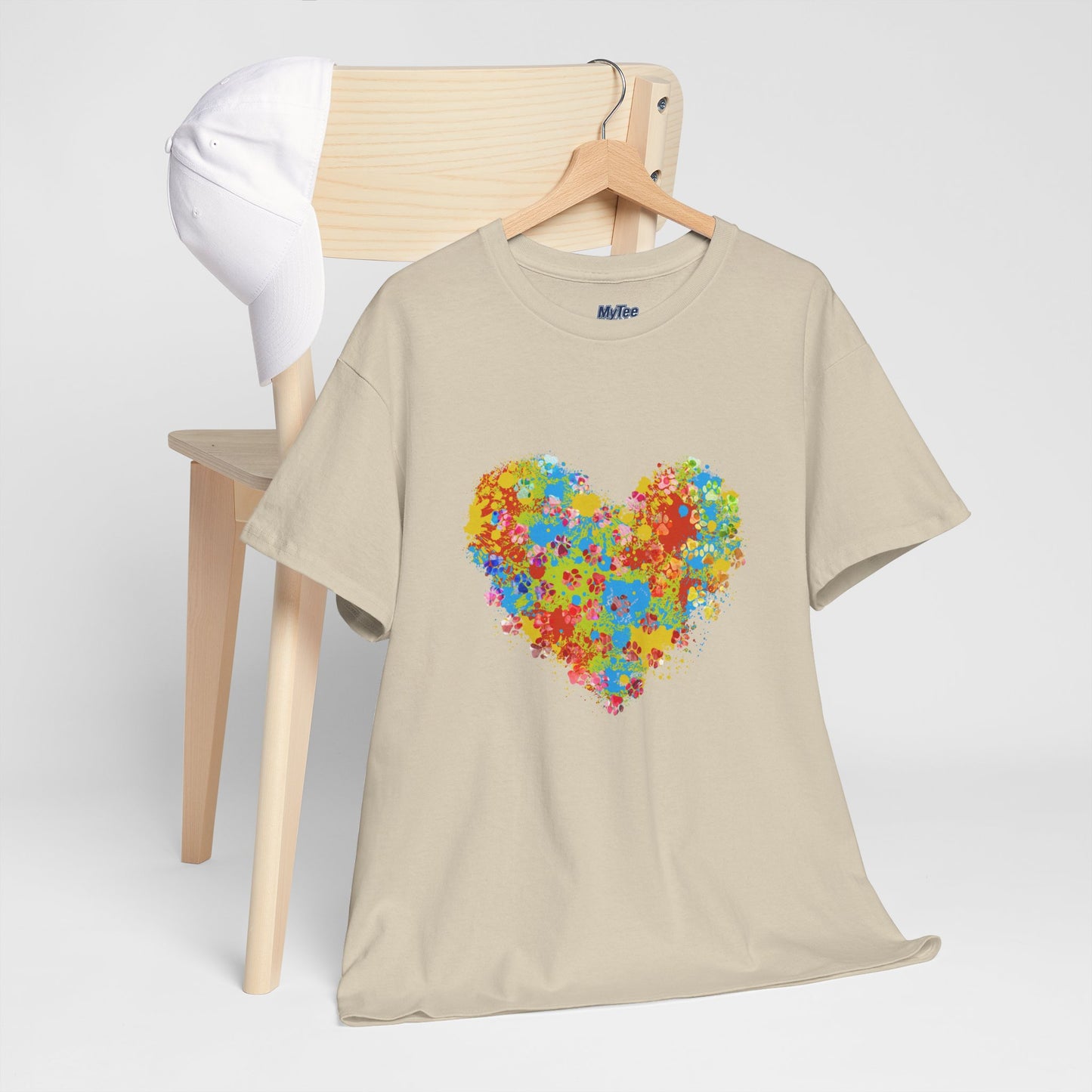 Colorful Paw Print Heart Cotton T-Shirt - Perfect for Dog Lovers