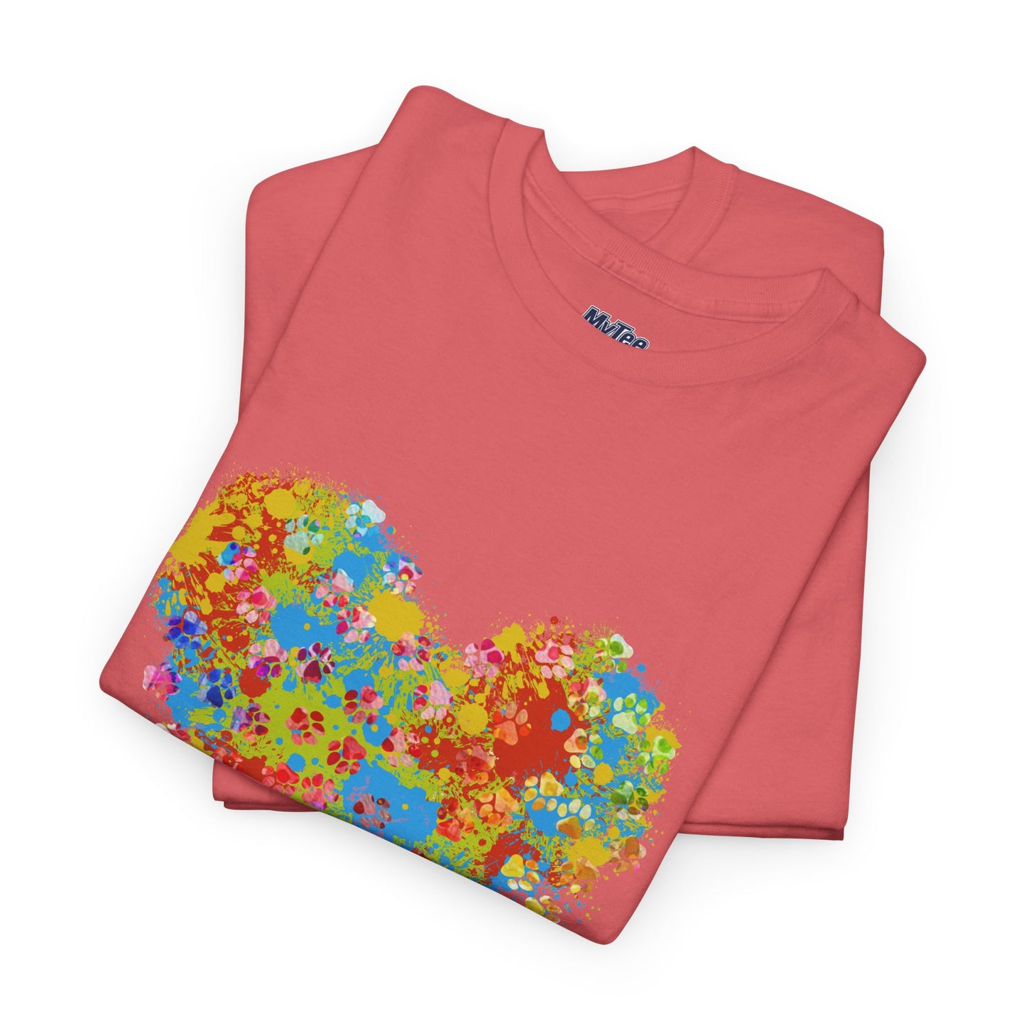 Colorful Paw Print Heart Cotton T-Shirt - Perfect for Dog Lovers