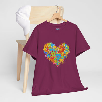 Colorful Paw Print Heart Cotton T-Shirt - Perfect for Dog Lovers