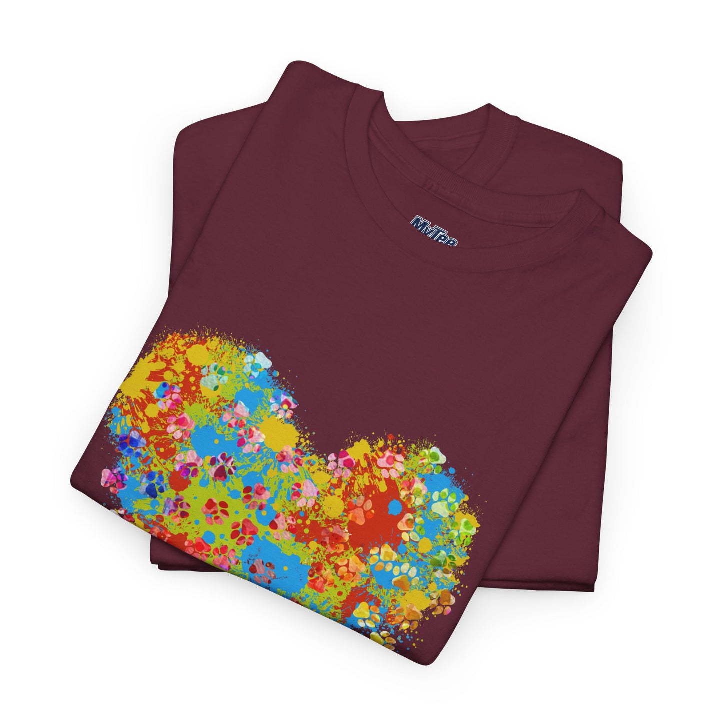 Colorful Paw Print Heart Cotton T-Shirt - Perfect for Dog Lovers