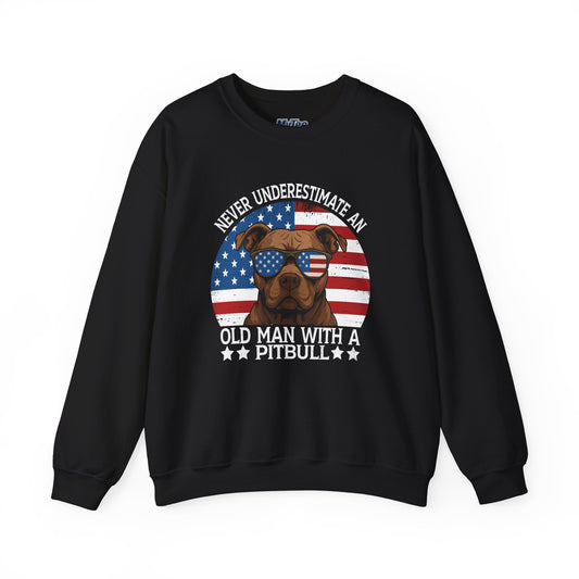 Never Underestimate An Old Man With A Pitbull Crewneck Sweatshirt | Dog Dad Apparel