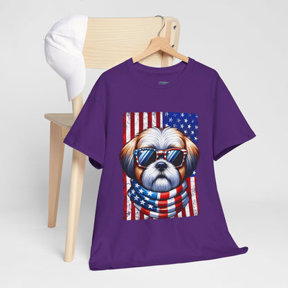 Patriotic Shih Tzu Wearing American Flag and Sunglasses Unisex T-shirt