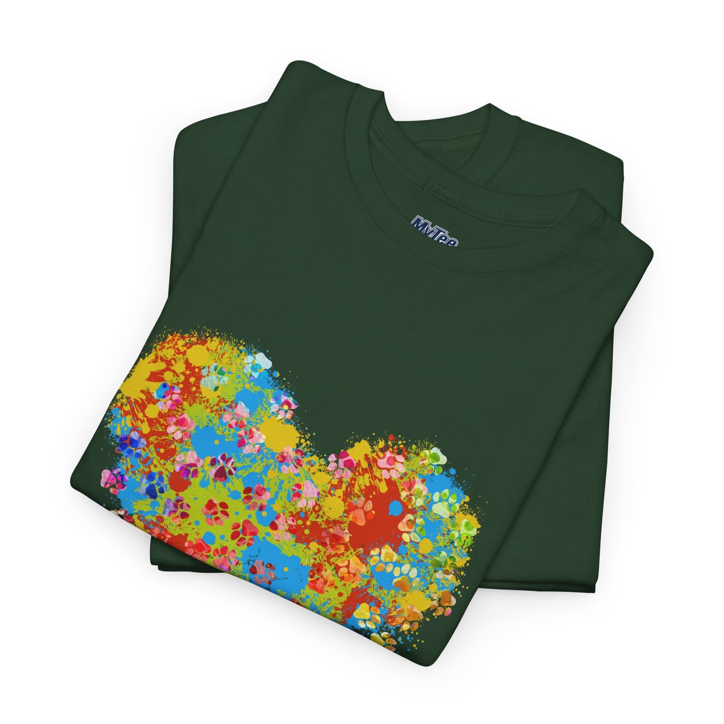 Colorful Paw Print Heart Cotton T-Shirt - Perfect for Dog Lovers