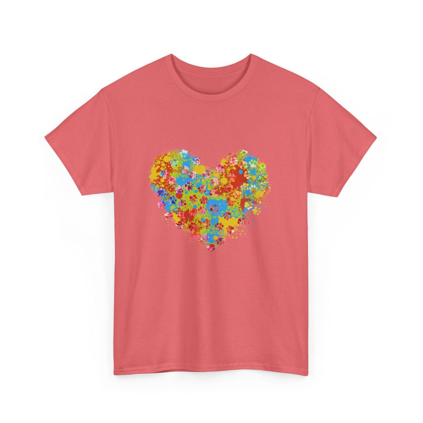 Colorful Paw Print Heart Cotton T-Shirt - Perfect for Dog Lovers