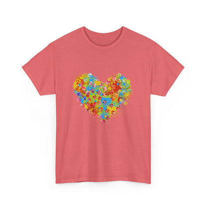 Colorful Paw Print Heart Cotton T-Shirt - Perfect for Dog Lovers