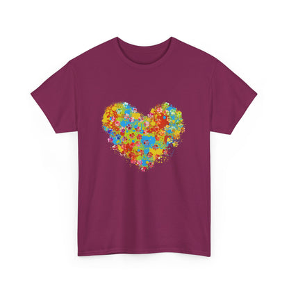Colorful Paw Print Heart Cotton T-Shirt - Perfect for Dog Lovers