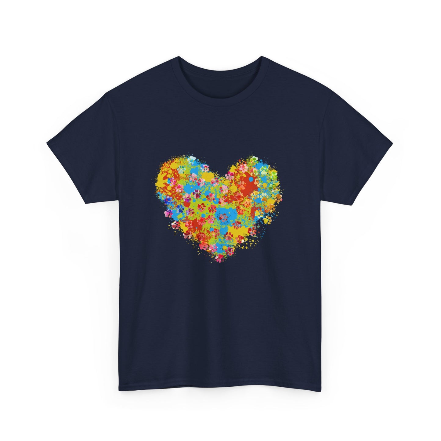Colorful Paw Print Heart Cotton T-Shirt - Perfect for Dog Lovers