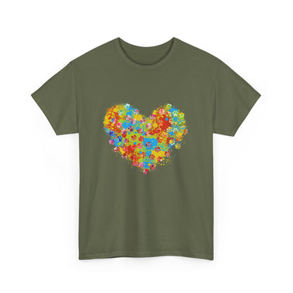 Colorful Paw Print Heart Cotton T-Shirt - Perfect for Dog Lovers