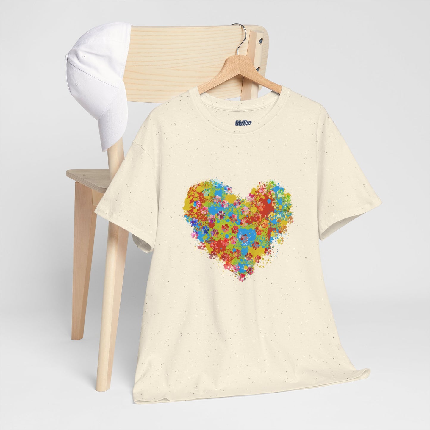 Colorful Paw Print Heart Cotton T-Shirt - Perfect for Dog Lovers