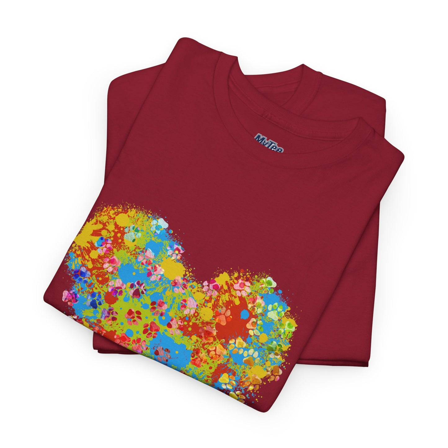 Colorful Paw Print Heart Cotton T-Shirt - Perfect for Dog Lovers