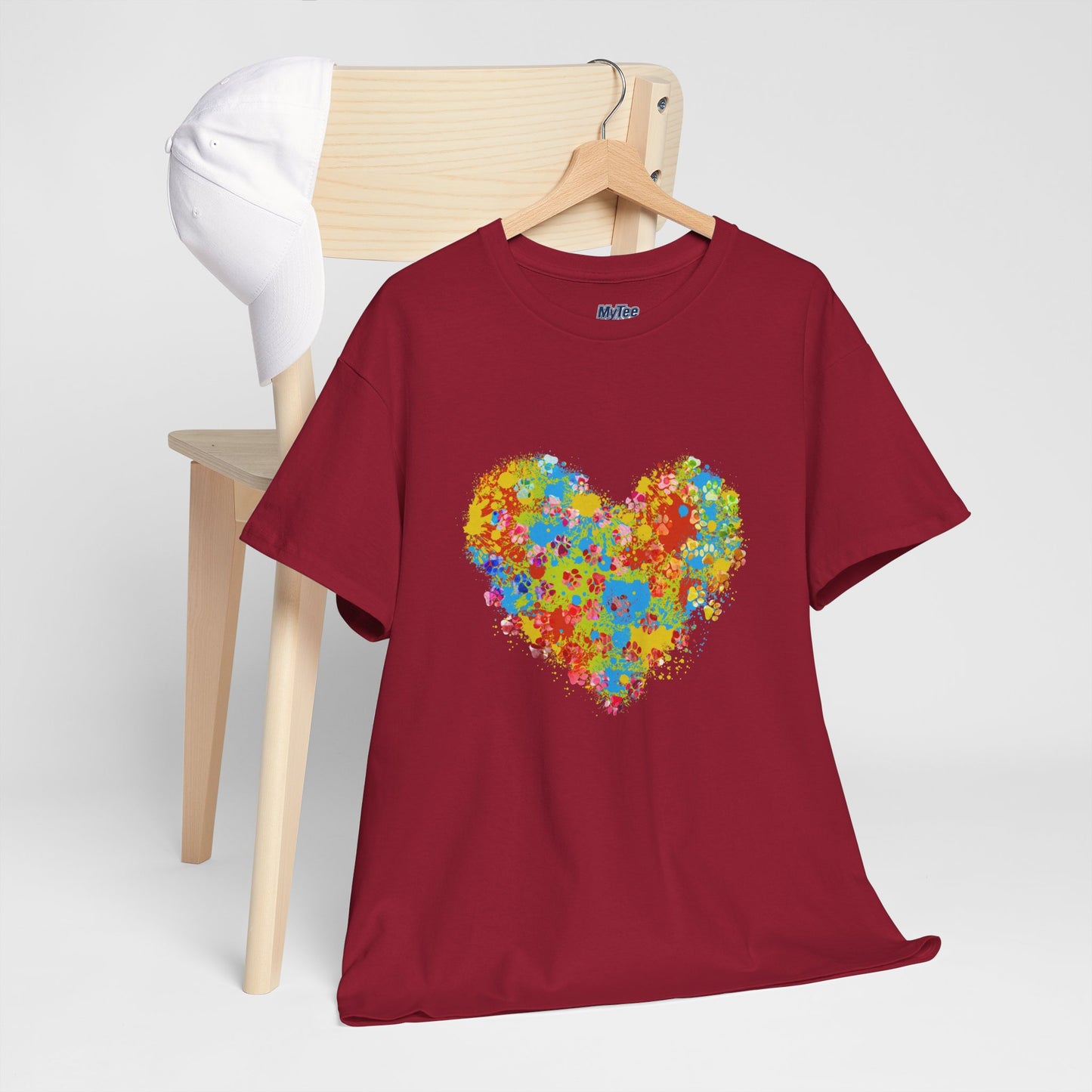 Colorful Paw Print Heart Cotton T-Shirt - Perfect for Dog Lovers