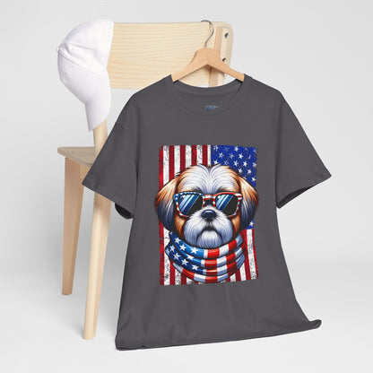 Patriotic Shih Tzu Wearing American Flag and Sunglasses Unisex T-shirt