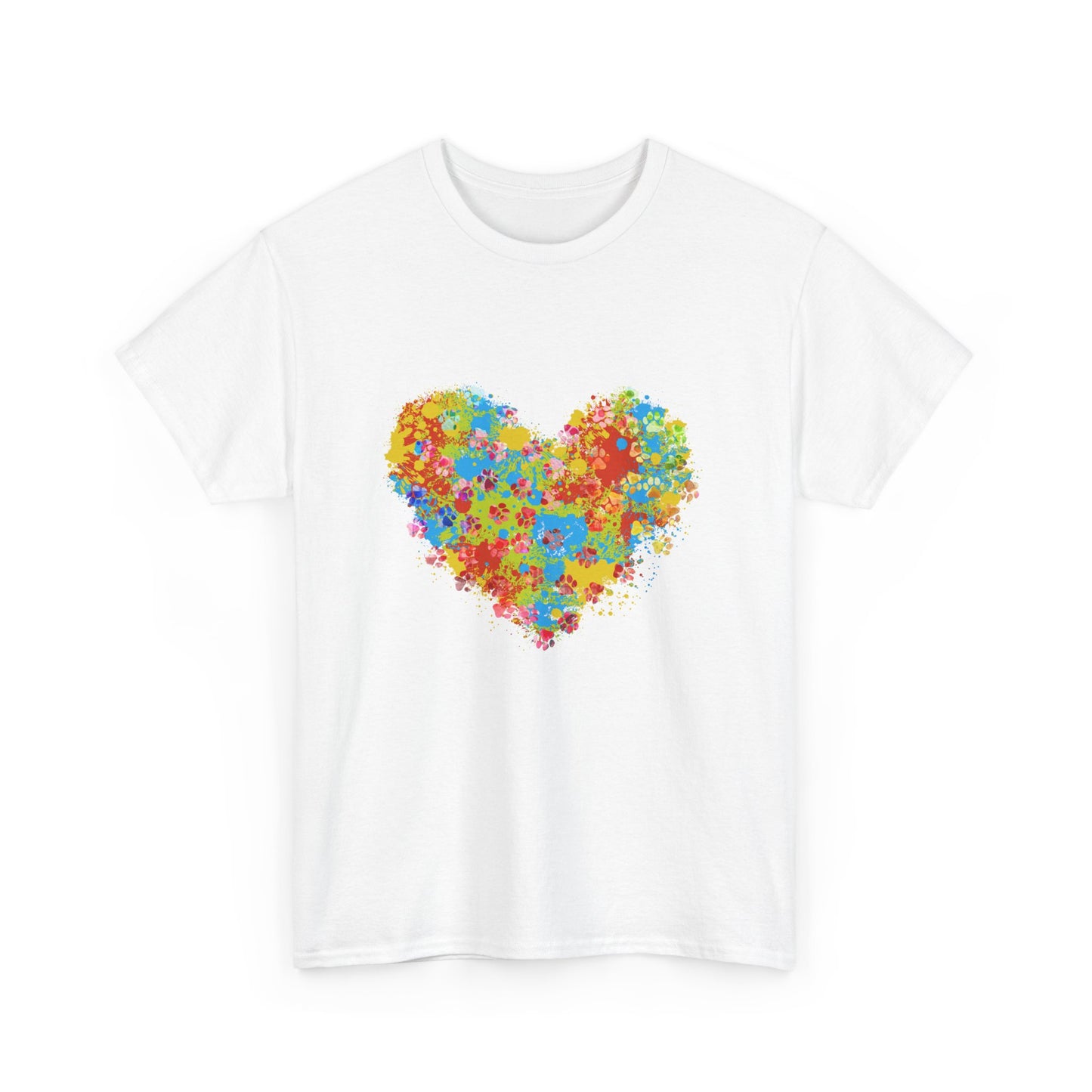 Colorful Paw Print Heart Cotton T-Shirt - Perfect for Dog Lovers