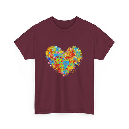Colorful Paw Print Heart Cotton T-Shirt - Perfect for Dog Lovers