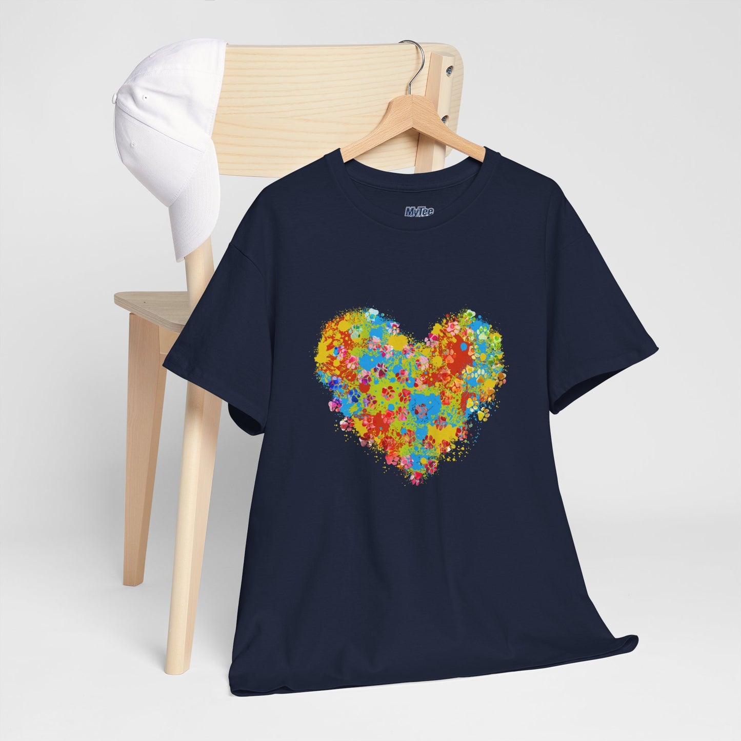 Colorful Paw Print Heart Cotton T-Shirt - Perfect for Dog Lovers