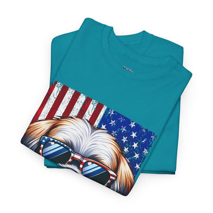 Patriotic Shih Tzu Wearing American Flag and Sunglasses Unisex T-shirt