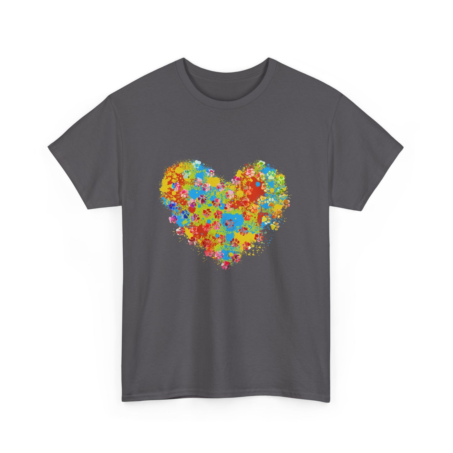 Colorful Paw Print Heart Cotton T-Shirt - Perfect for Dog Lovers