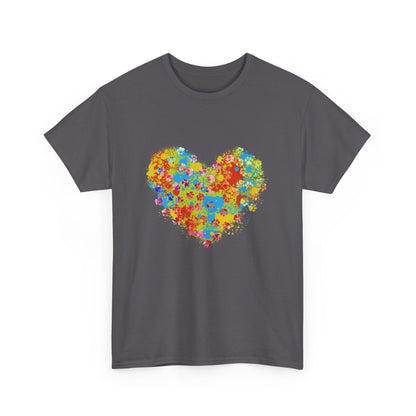Colorful Paw Print Heart Cotton T-Shirt - Perfect for Dog Lovers