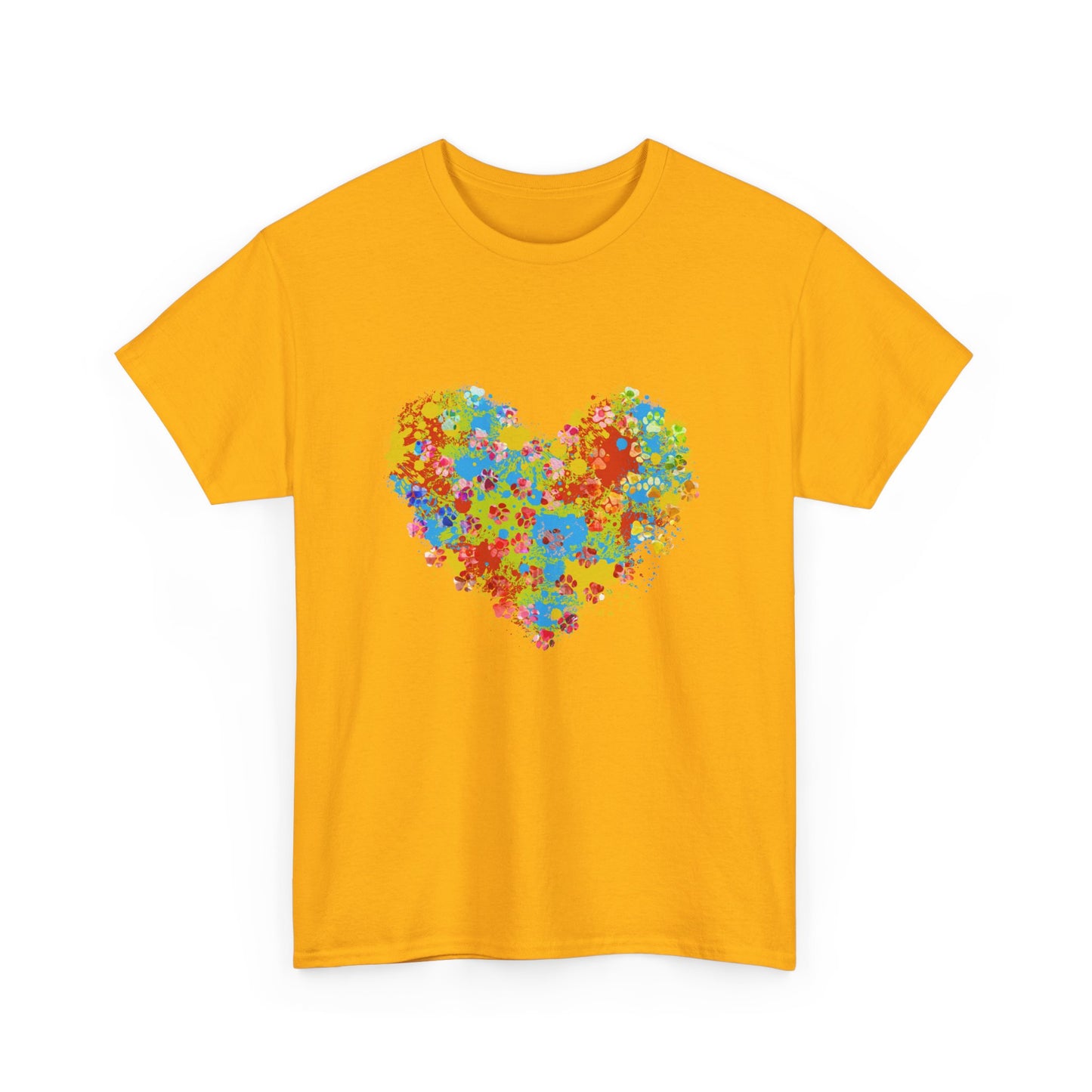 Colorful Paw Print Heart Cotton T-Shirt - Perfect for Dog Lovers