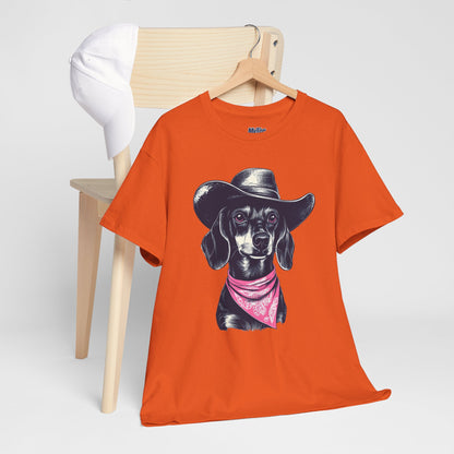 Dachshund Cowgirl Vibes T-Shirt – Pink Bandana Pup Shirt
