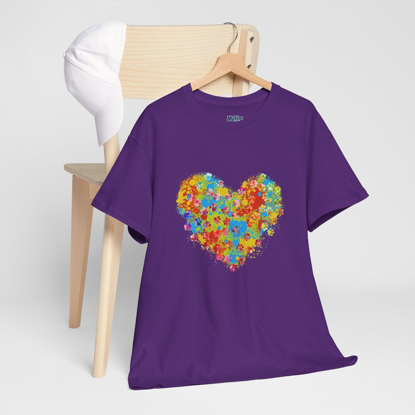 Colorful Paw Print Heart Cotton T-Shirt - Perfect for Dog Lovers